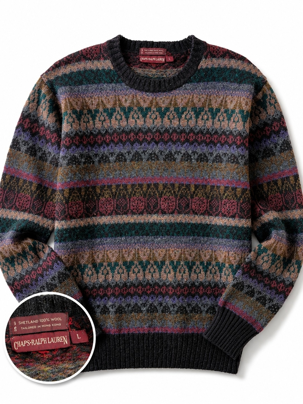 Chaps Ralph Lauren Shetland Wool Fair Isle Sweater Men’s L Multicolor Vintage